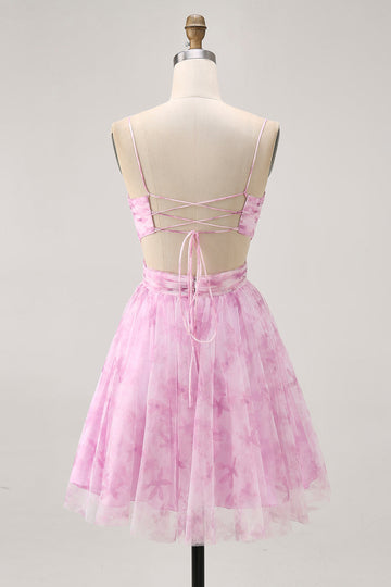 Rose Floral A Ligne Spaghetti Bretelles Ruché Robe Courte Retrouvailles